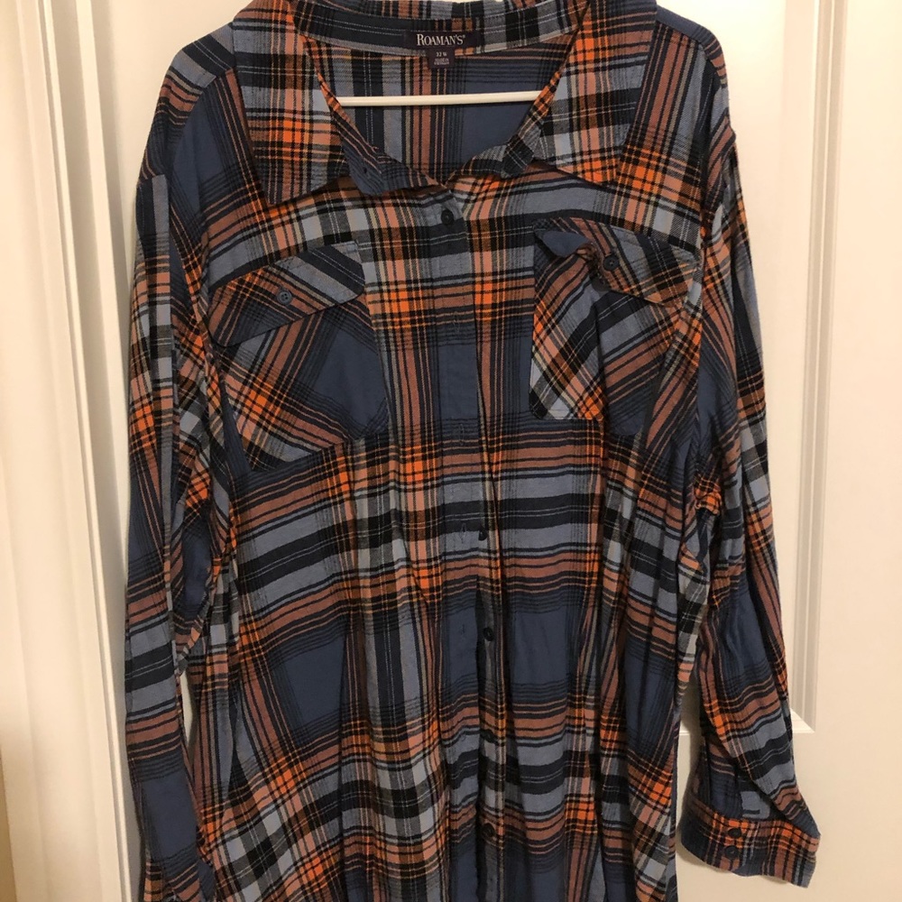 Roaman’s 3X Navy/Orange/Black Flannel Top